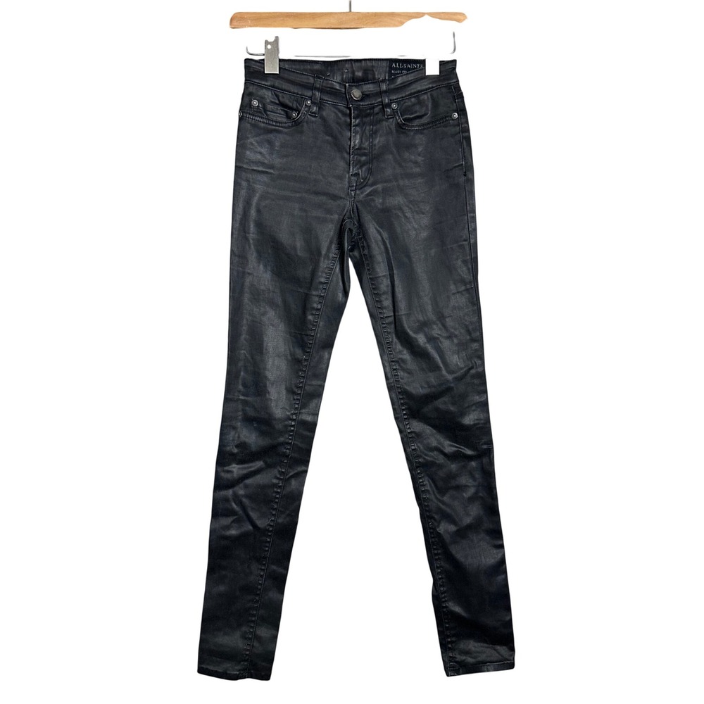 AllSaints‎ Mast Lacquer Skinny Jeans Black Coated Denim W25 indie boho grunge